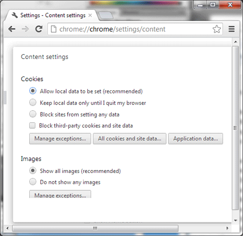 Google Chrome Content settings, Cookies